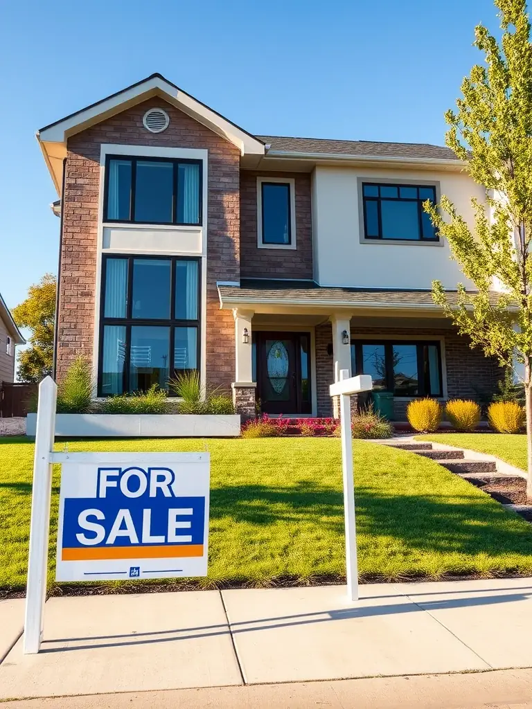 A modern house exterior with a 'sold' sign in the front yard, under a sunny sky, representing residential property closing.