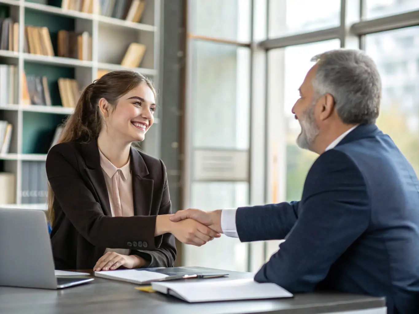 A friendly ClearPath Closing team member is shaking hands with a client, symbolizing trust and partnership in the closing process.