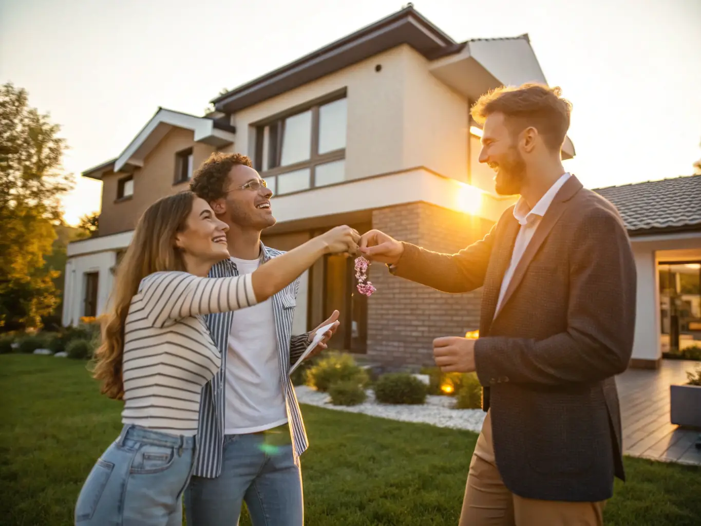 A professional real estate agent handing over keys to a new homeowner in front of a suburban house, symbolizing the final step in the closing process.