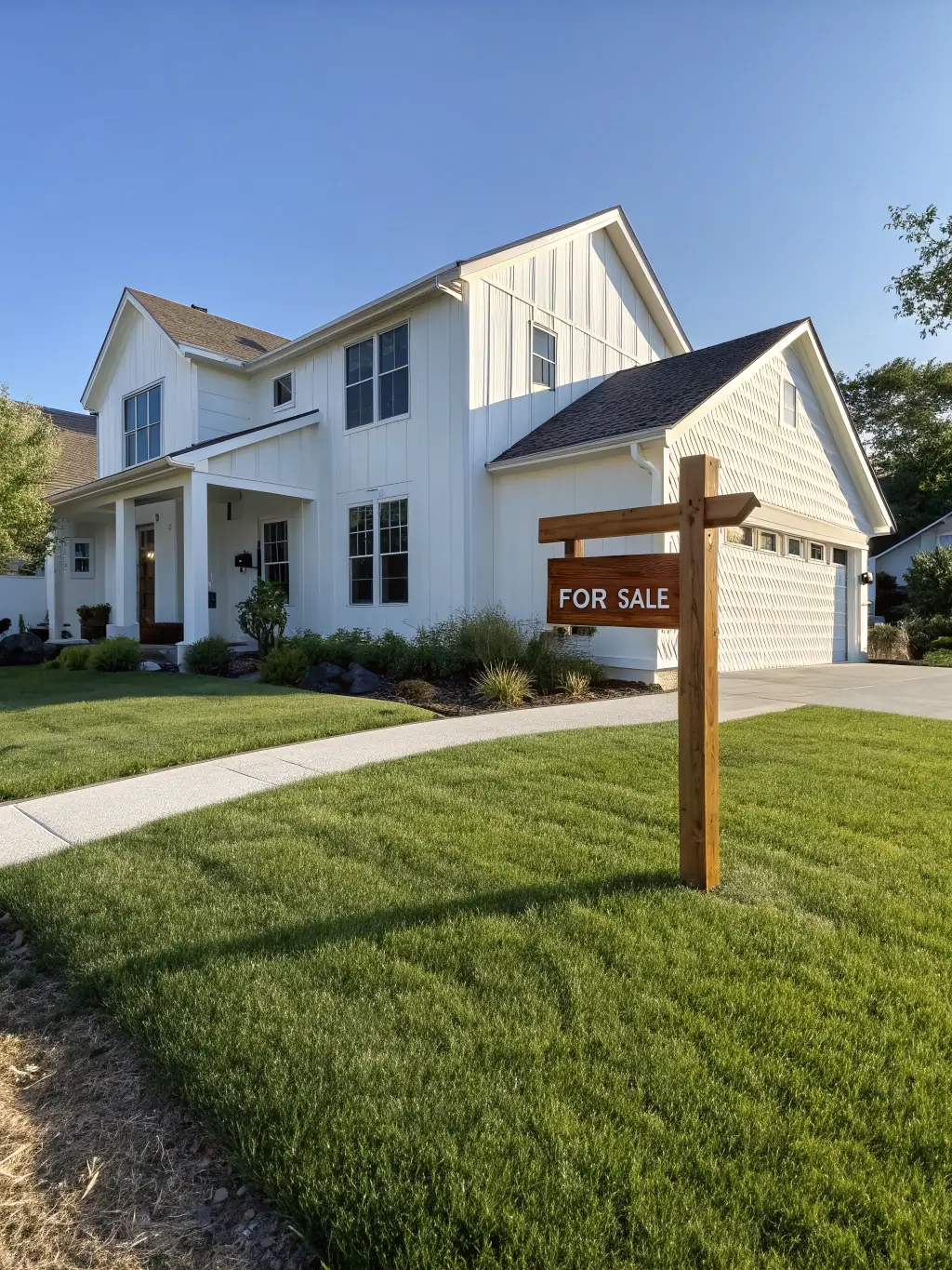 A modern house exterior with a 'sold' sign in the front yard, under a sunny sky, representing residential property closing.