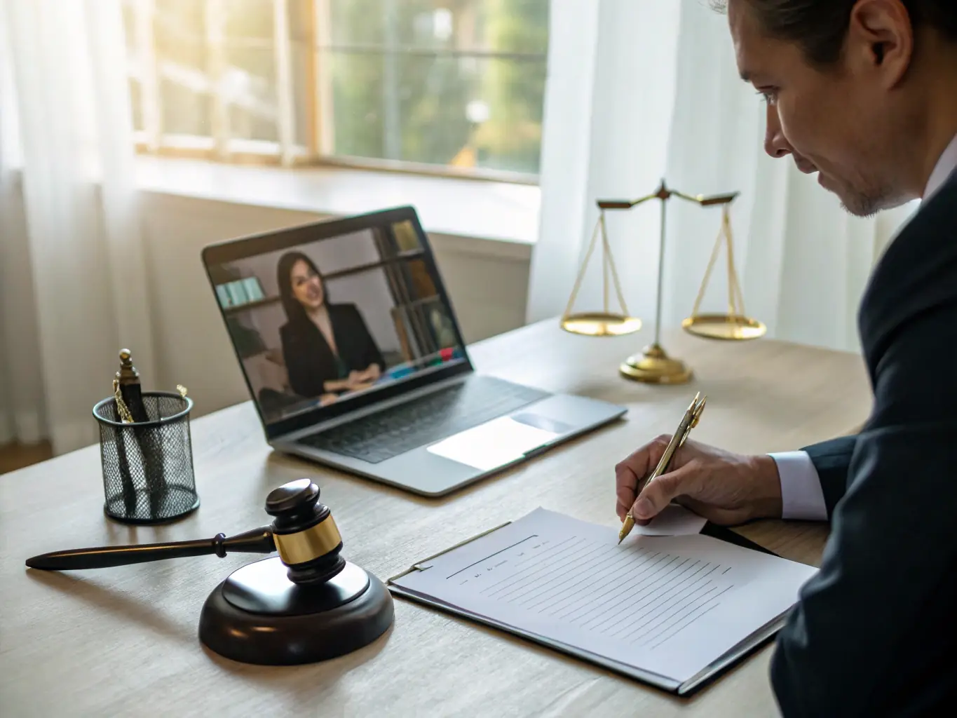 A lawyer reviewing legal documents at a desk, highlighting the importance of legal compliance in the closing process.