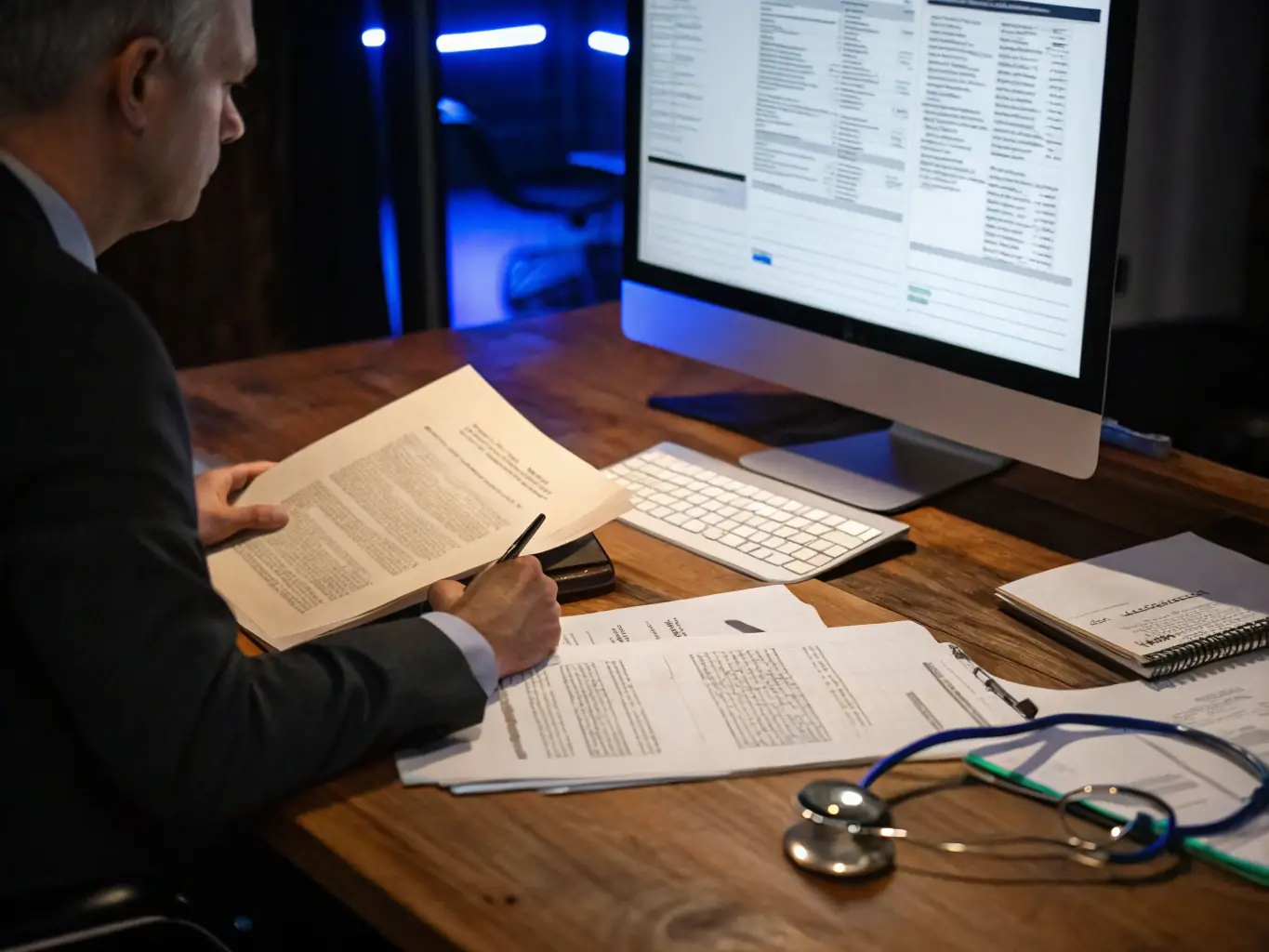 A professional real estate closer is reviewing documents at a modern, well-lit office, with a focus on accuracy and attention to detail.