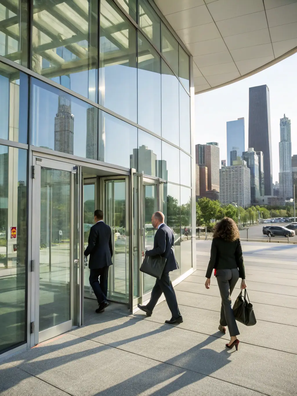 An image of a modern office building with people walking in and out, representing commercial real estate and ClearPath Closing's commercial closing services.