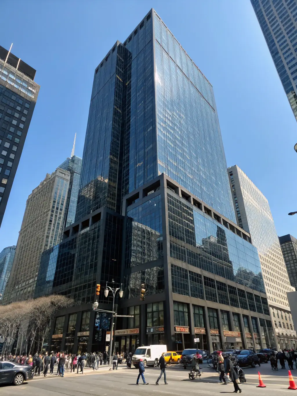 A high-rise commercial building with glass windows reflecting the city skyline, symbolizing commercial real estate transactions.